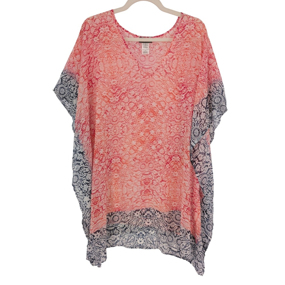 Tommy Bahama Kaftan Coverup‎ Womens S/P Coral Pink Navy Blue Damask Resort Swim
